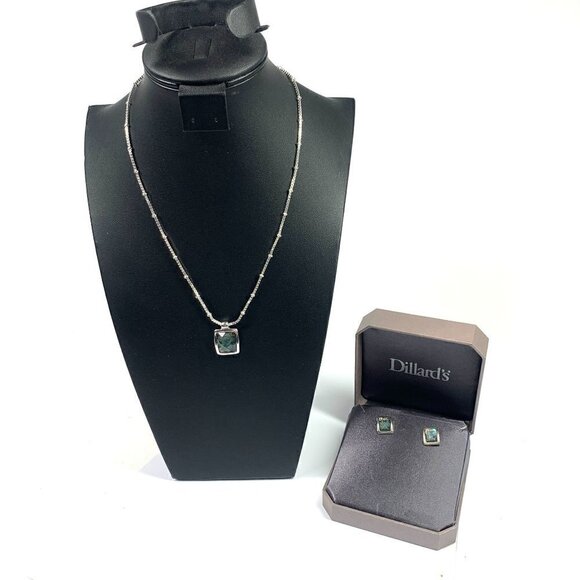 Dillards Faux Opal Necklace & Earring Jewelry Set Silver Tone/Blue Green NIB - Picture 2 of 10